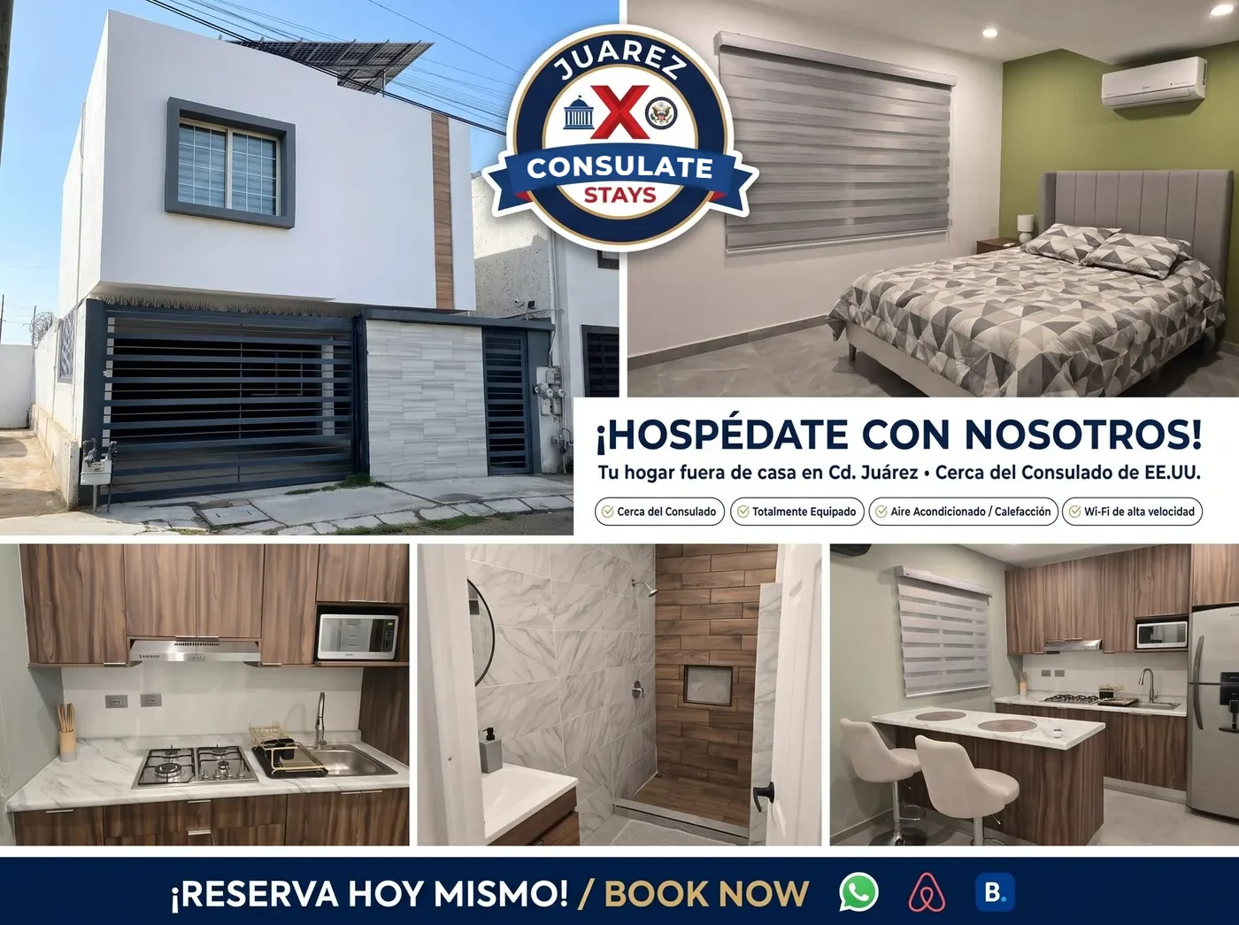 Juárez Consulate Stays: fachada, recámara, cocina, baño y comedor de nuestros hospedajes cerca del Consulado de EE.UU.